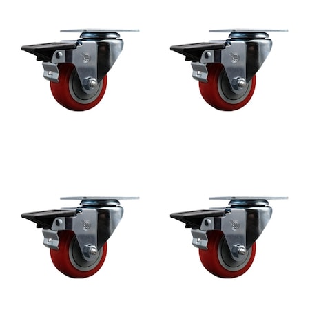 Service Caster 3'' Red Poly Wheel Swivel Top Plate Caster Set with Posi Brake, 4PK SCC-20S314-PPUB-RED-PLB-4